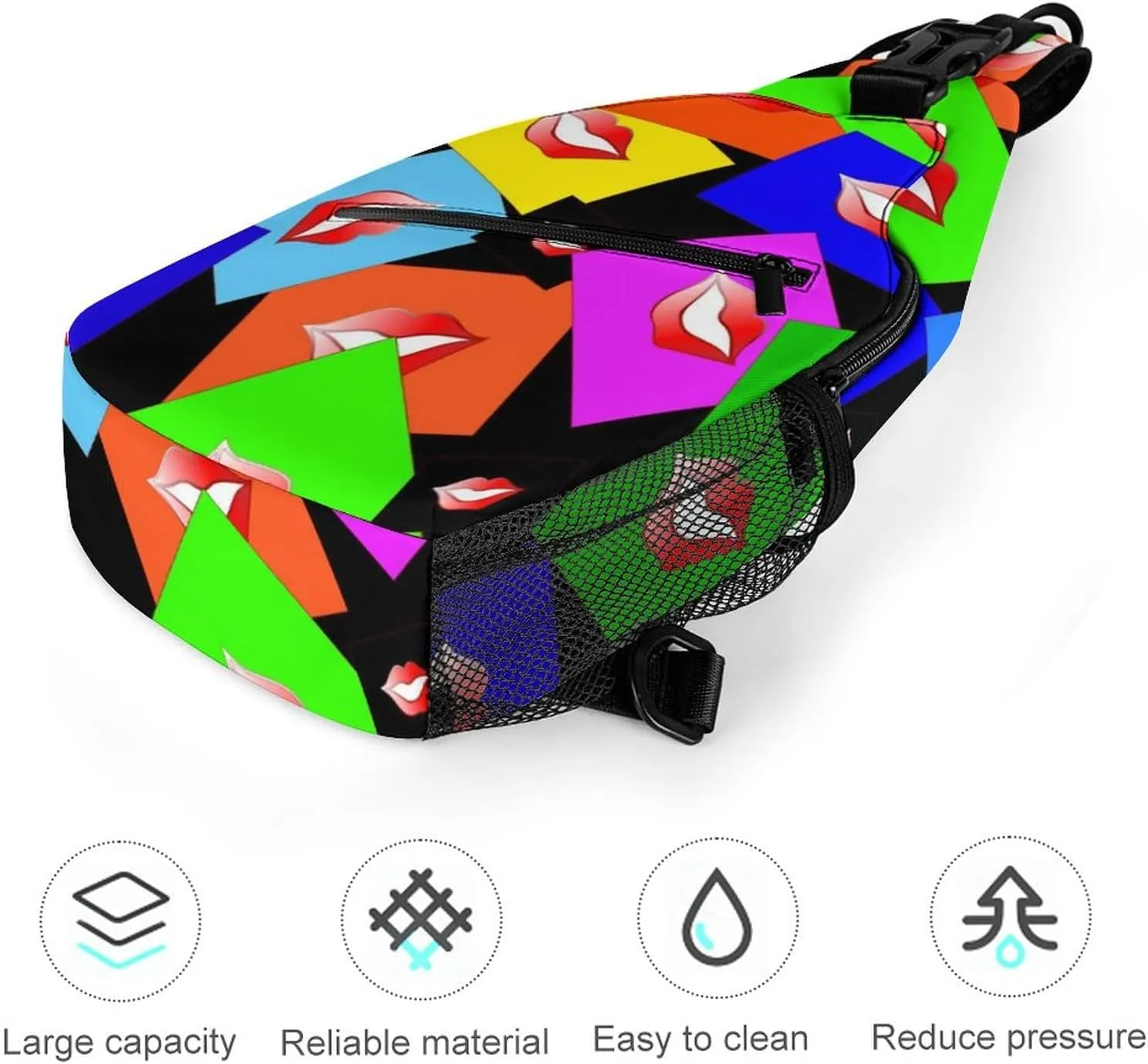 Colorful Lips Print Crossbody Sling Backpack Funny Mouth Kiss Sling Bag Adjustable Travel Hiking Chest Bags Daypack