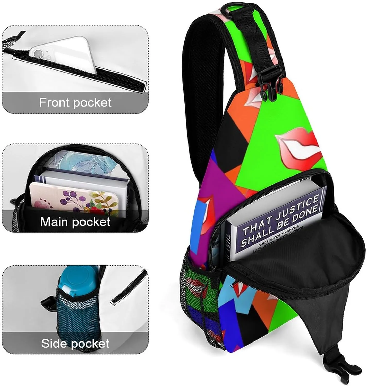 Colorful Lips Print Crossbody Sling Backpack Funny Mouth Kiss Sling Bag Adjustable Travel Hiking Chest Bags Daypack