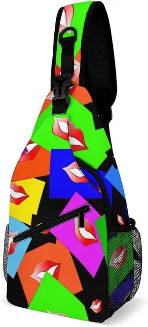 Colorful Lips Print Crossbody Sling Backpack Funny Mouth Kiss Sling Bag Adjustable Travel Hiking Chest Bags Daypack