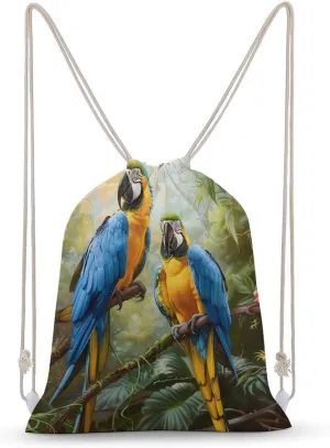 Colorful Parrot on Tree Branch Drawstring Backpack Canvas Double Shoulder Bag Sports Gym Sackpack String Bag for Women Men 30x40cm