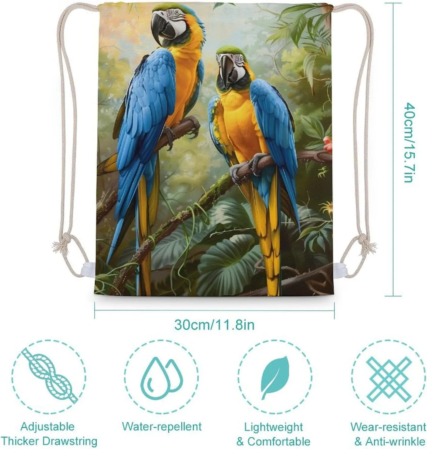 Colorful Parrot on Tree Branch Drawstring Backpack Canvas Double Shoulder Bag Sports Gym Sackpack String Bag for Women Men 30x40cm
