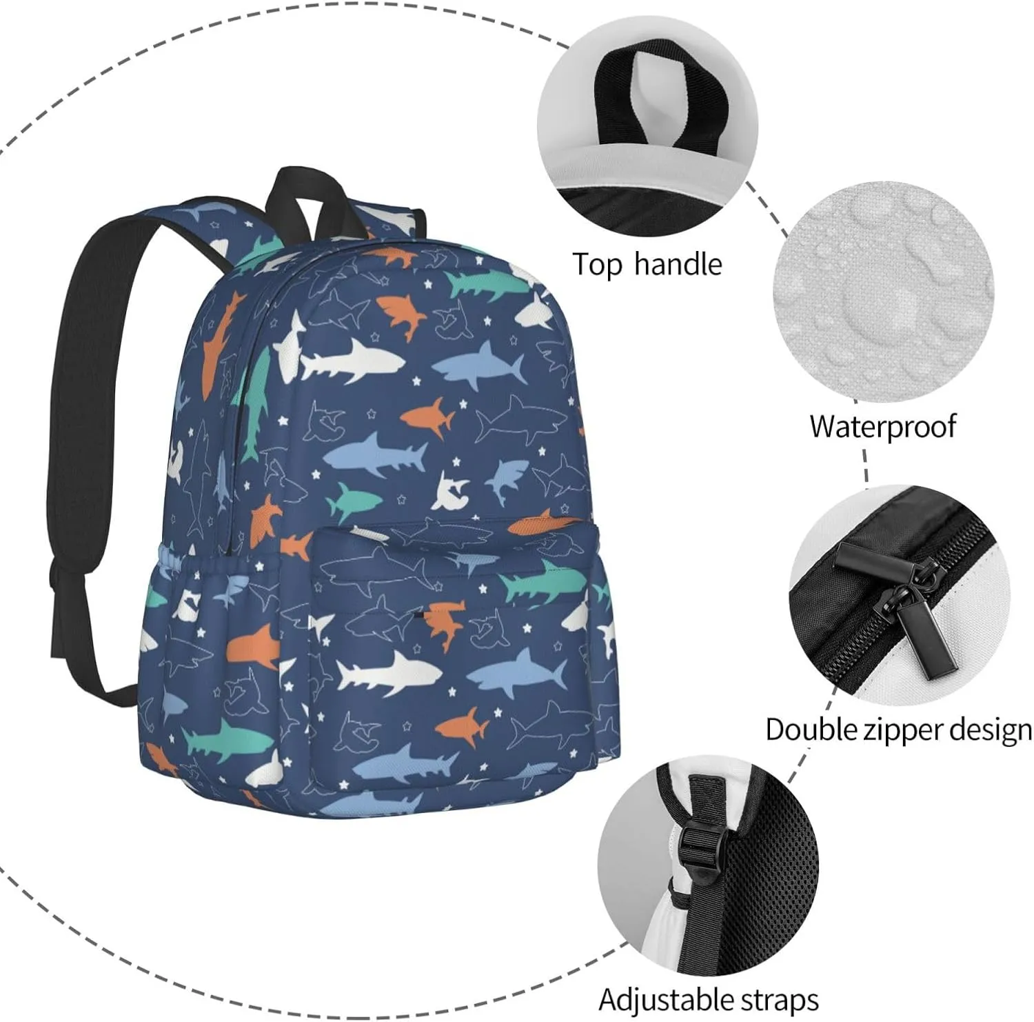 Colorful shark Backpacks 15 Inch Laptop Backpack Multipurpose Double Shoulder Bag for Men Women Gifts