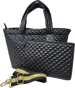 Comfortable Light weight Medium size Quilted Tote bag with Pouch and Strap water repellent Black