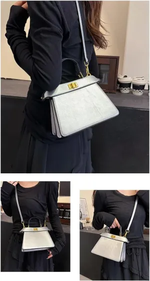 Commuter Crossbody Purse Solid Color Underarm Bag Designer Top Handle Handbag, Leather Satchel with Gold Hardware