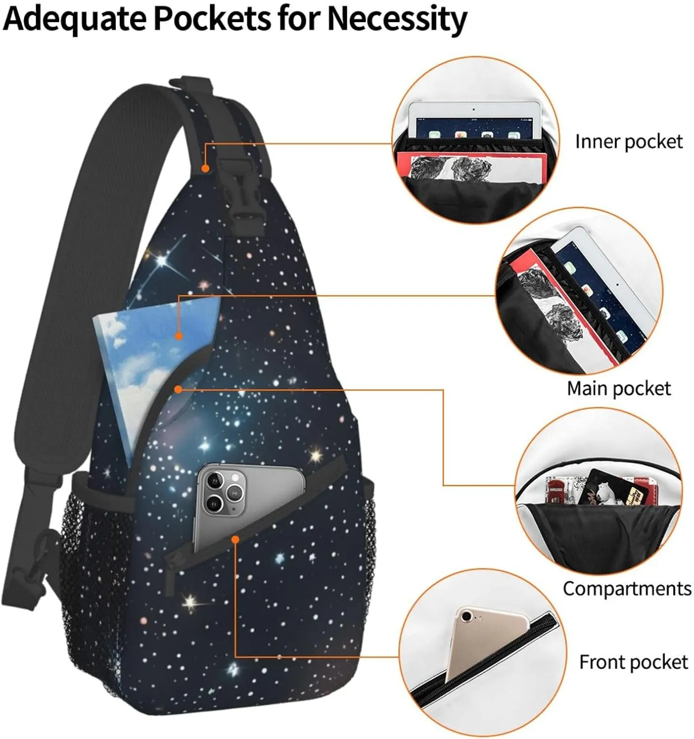 Constellation Star Clusters Galaxies Print Sling Backpack, Sling Bag, Crossbody Chest Bag Daypack, for Hiking Travel