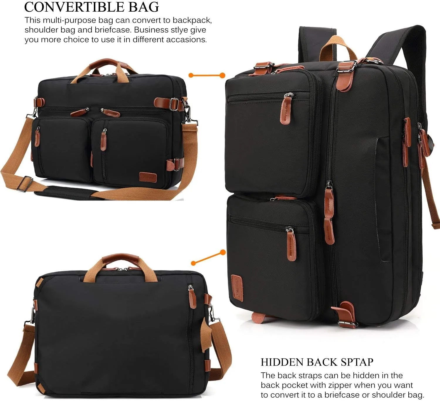 Convertible Backpack Messenger Shoulder Bag Laptop Case Handbag Business Briefcase Multi-Functional Travel Rucksack Fits 17.3 Inch Laptop for Men/Women (Black)