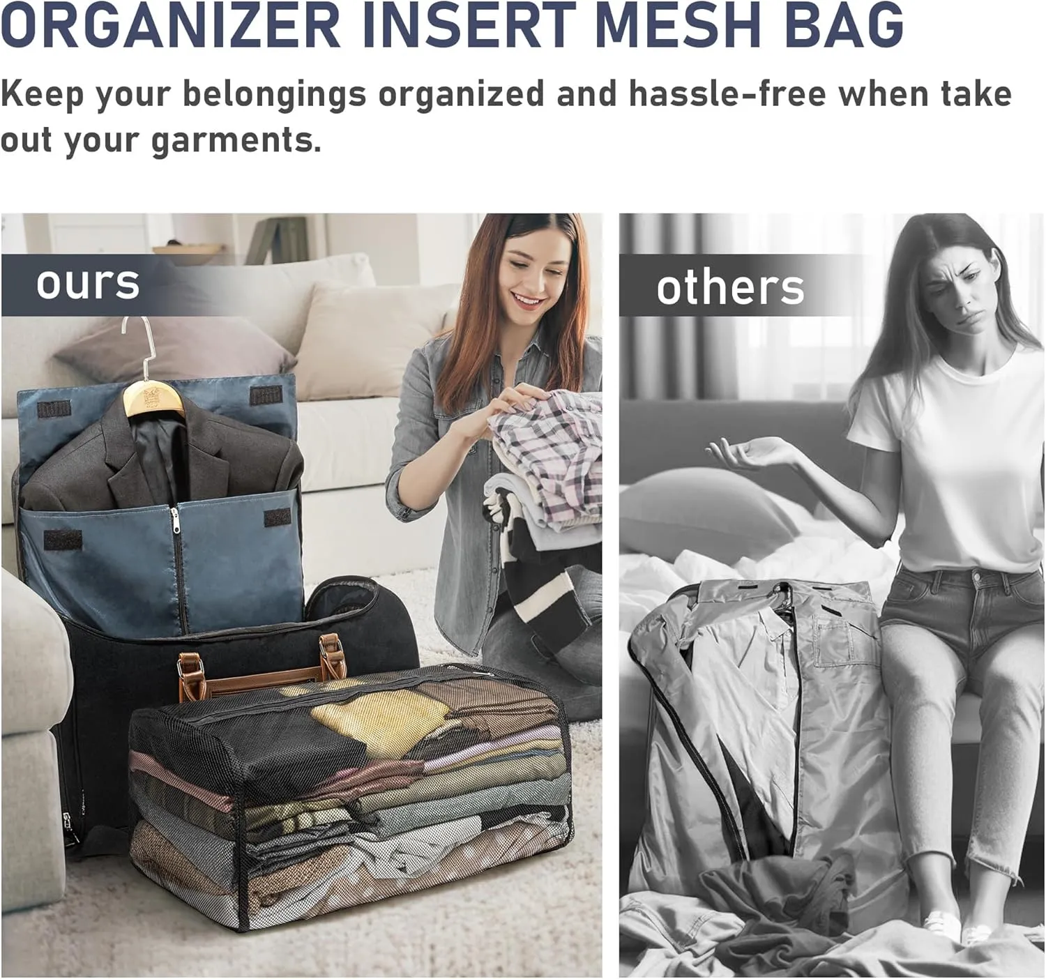 Convertible Garment Bag for travel, Garment Duffle Bag with Organizer Insert Mesh Bag, Carry on Foldable 3 in 1 Hanging Suit Bag with Shoulder Straps for Men Women Large Weekender Bag, Black