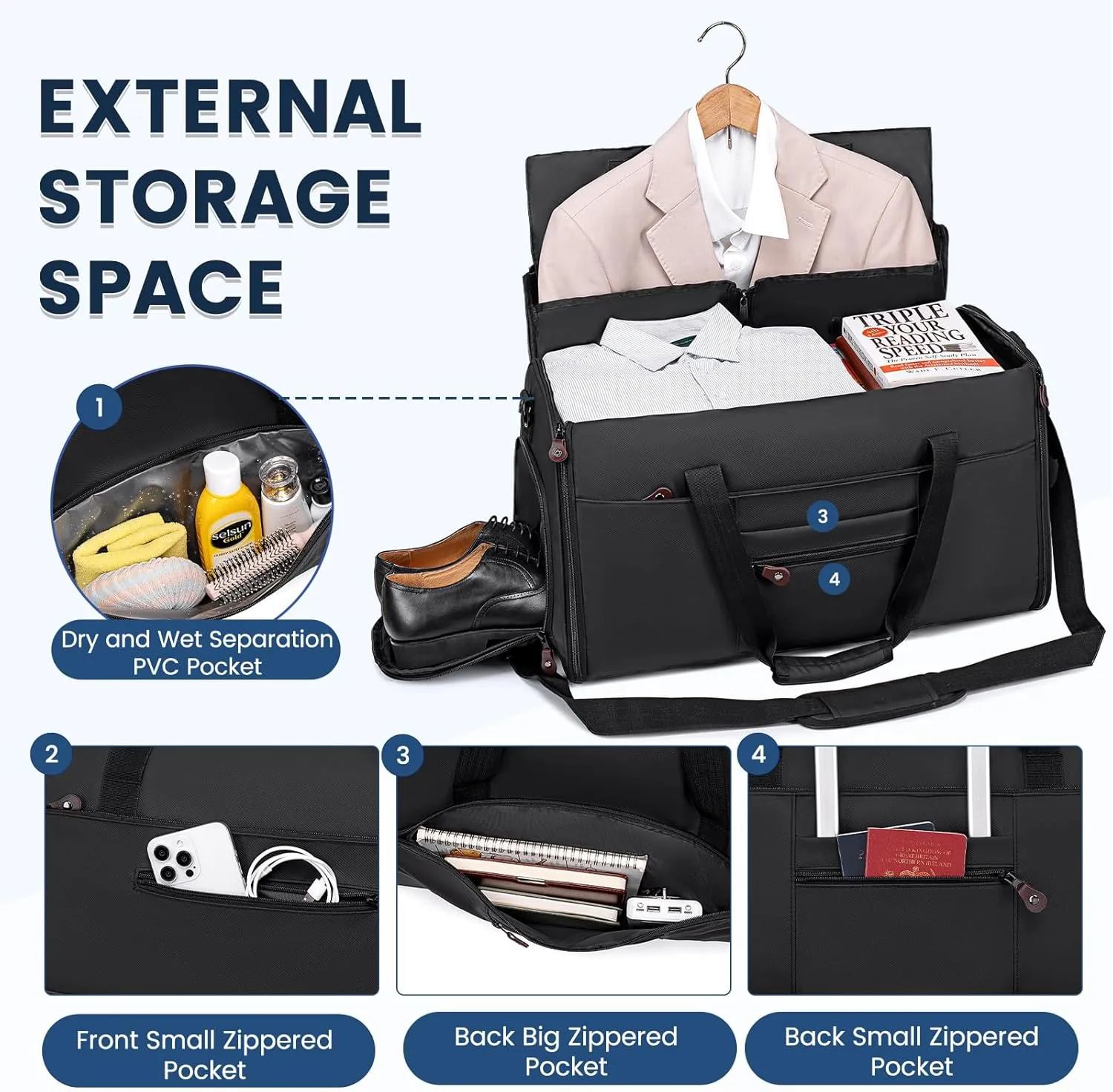 Convertible Garment Bags for Travel, 2 in 1 Garment Duffle Bag for Men Women, Waterproof Carry on Garment Bag with Shoe Compartment and Shoulder Strap, Foldable Travel Suit Bag for Hanging Clothes