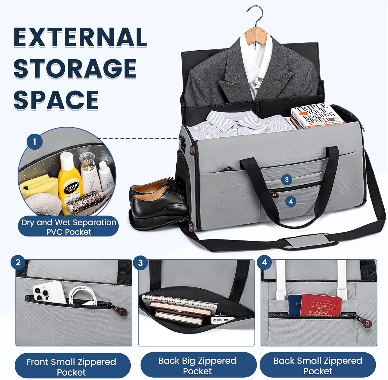 Convertible Garment Bags for Travel, 2 in 1 Garment Duffle Bag for Men Women, Waterproof Carry on Garment Bag with Shoe Compartment and Shoulder Strap, Foldable Travel Suit Bag for Hanging Clothes
