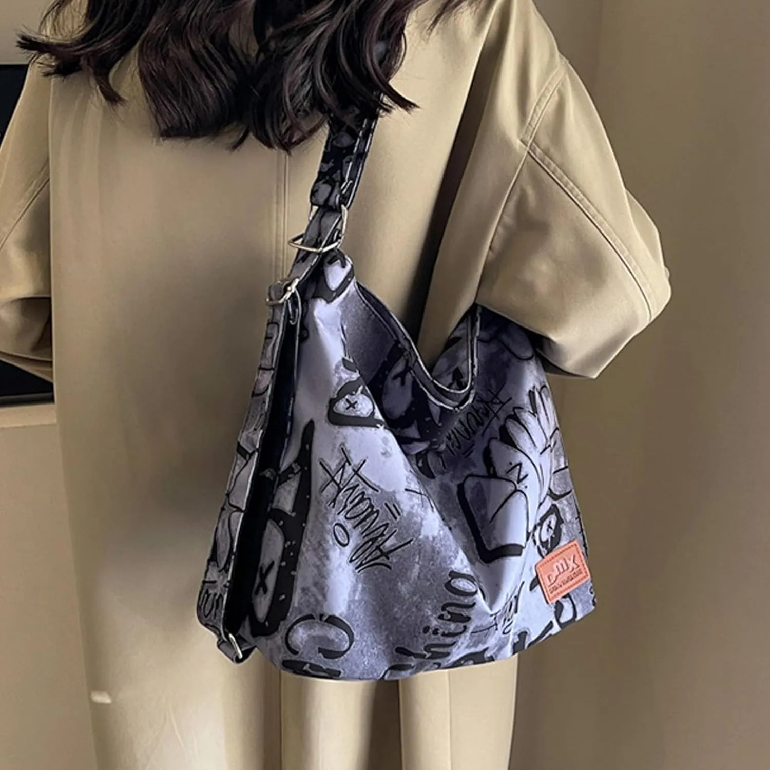 Convertible Graffiti Canvas Hobo Shoulder Bag/Backpack for Women, Zipper Closure, Crossbody Purse