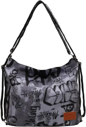 Convertible Graffiti Canvas Hobo Shoulder Bag/Backpack for Women, Zipper Closure, Crossbody Purse