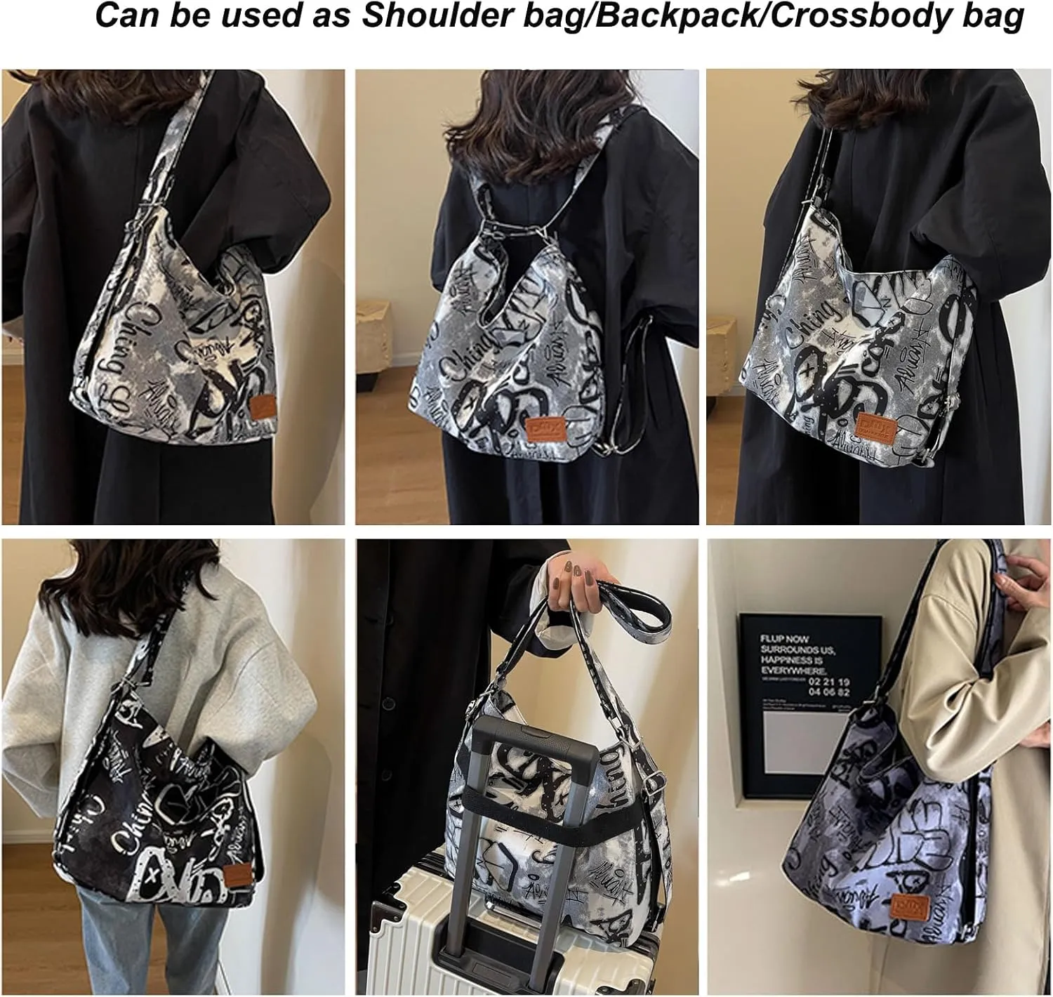 Convertible Graffiti Canvas Hobo Shoulder Bag/Backpack for Women, Zipper Closure, Crossbody Purse