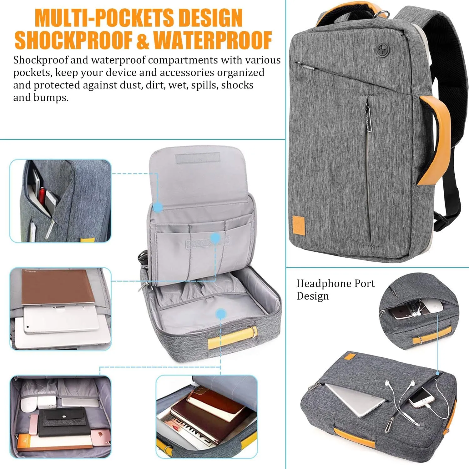 Convertible Laptop Shoulder Bag 13 14 15 15.6 17.3 Inch for Men Women Business Travel