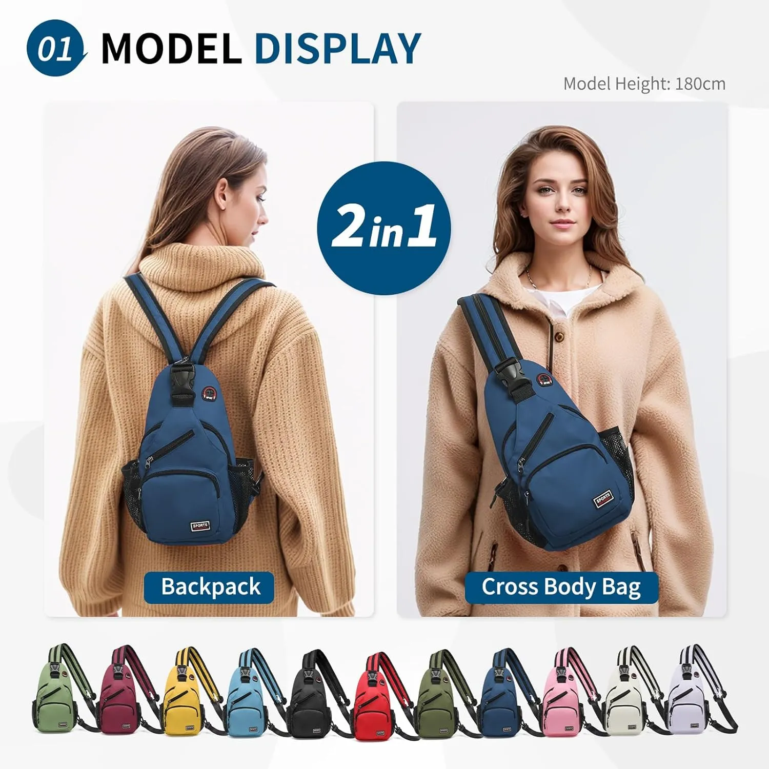 Convertible Sling Bag Crossbody Backpack, 11-Inch Pads Bags with Headphone Jack Shoulder Bag Casual Pack for Women Hiking Travel Cycling (Dark Blue)