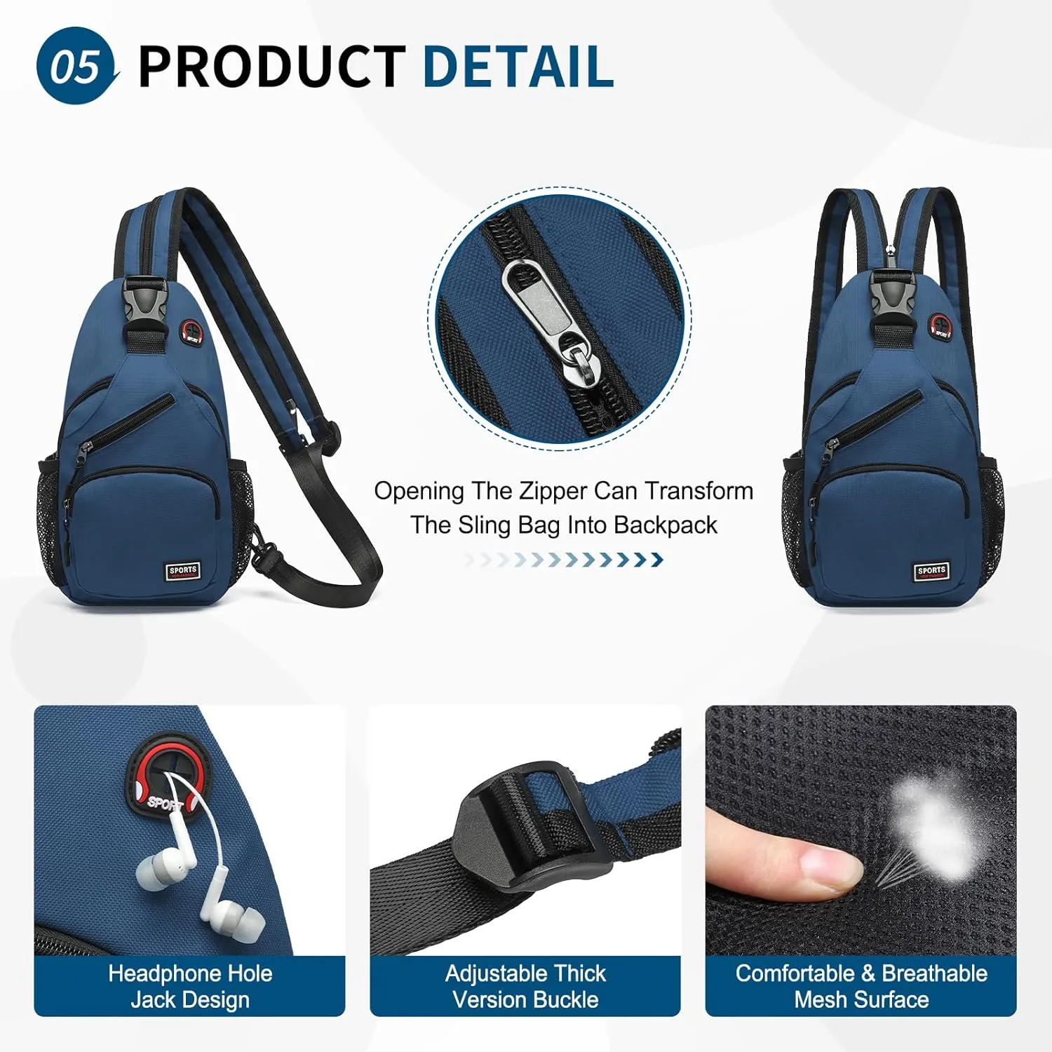 Convertible Sling Bag Crossbody Backpack, 11-Inch Pads Bags with Headphone Jack Shoulder Bag Casual Pack for Women Hiking Travel Cycling (Dark Blue)