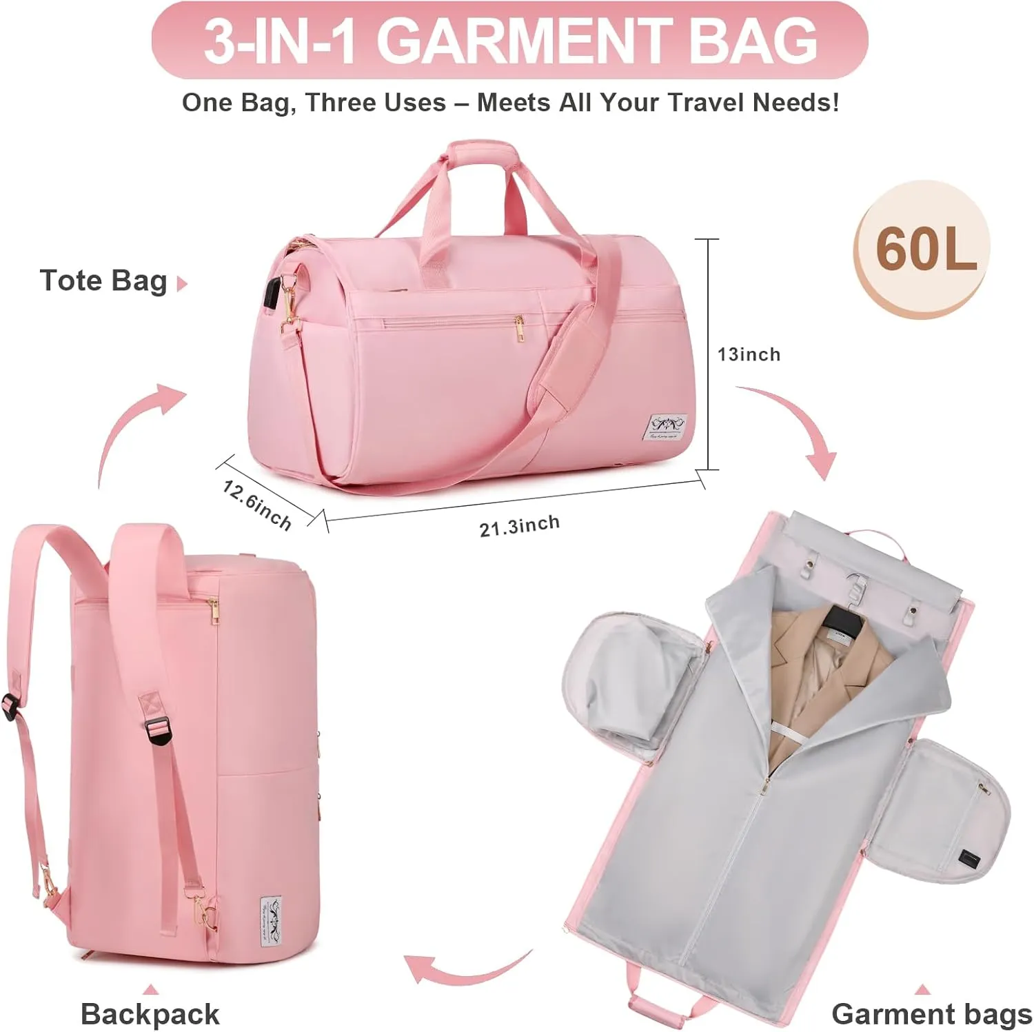 Convertible Travel Garment Bag with Backpack Strap, 3 in 1 Carry on Garment Duffle Bag, Garment Bags for Travel with Shoe Compartment USB Charging Port, Hanging Dress Suit Travel Bag for Women