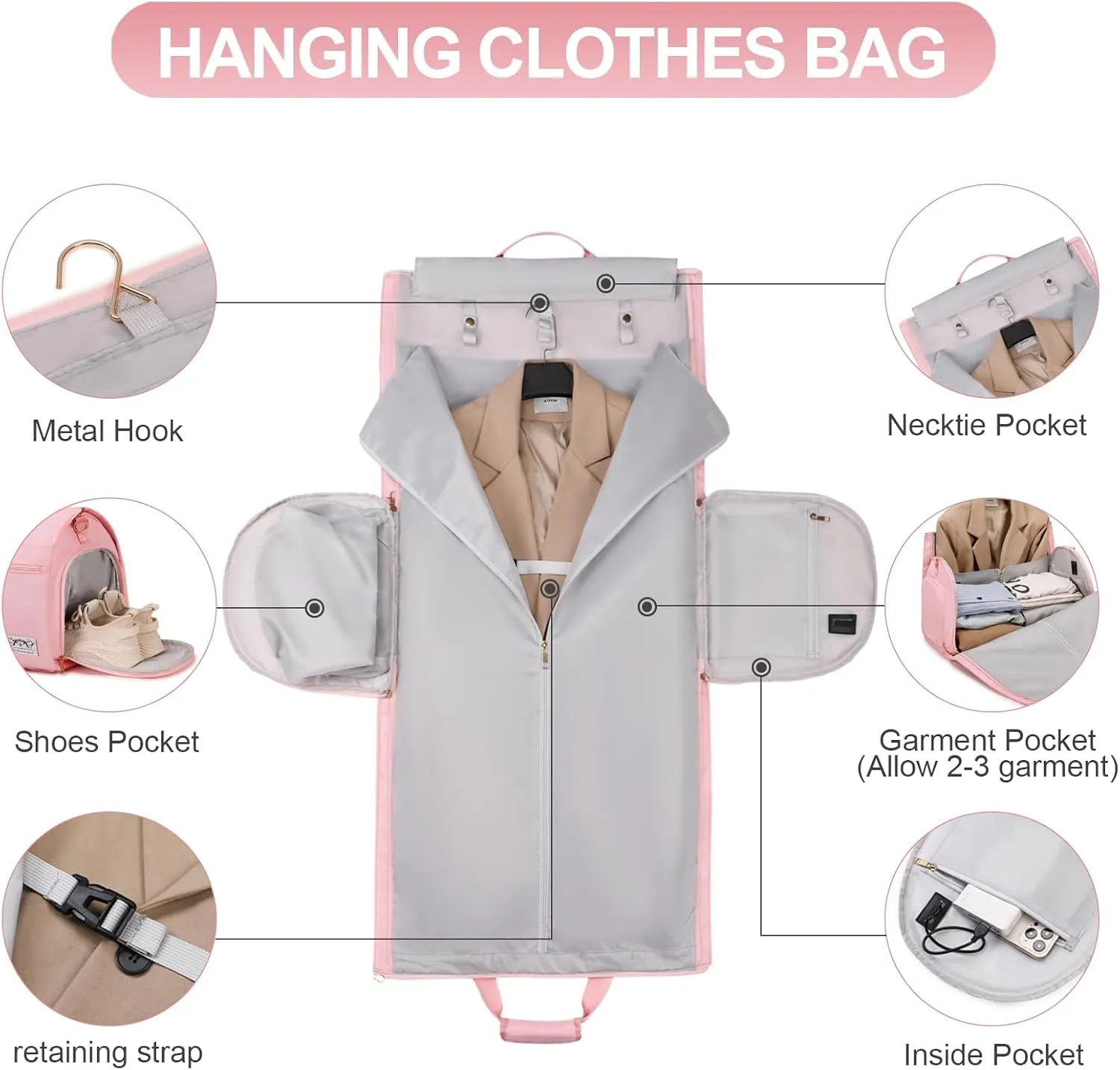Convertible Travel Garment Bag with Backpack Strap, 3 in 1 Carry on Garment Duffle Bag, Garment Bags for Travel with Shoe Compartment USB Charging Port, Hanging Dress Suit Travel Bag for Women