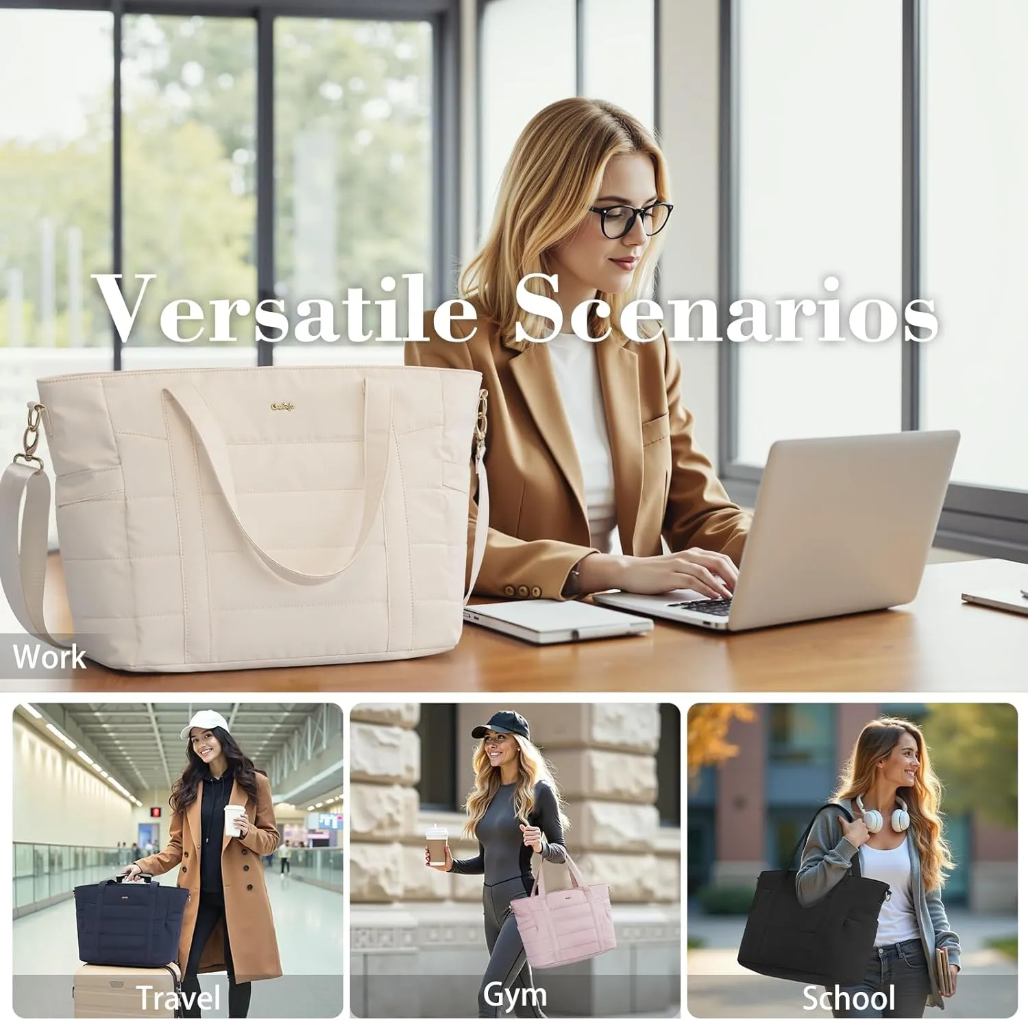Coolife Puffy Tote Bag for Women - Quilted Puffer Travel Work Gym Carry On Shoulder Bag