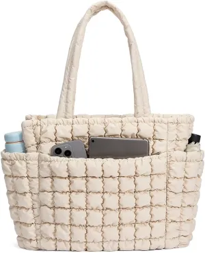 CORALDAISY Puffer Tote Bag for Women Lightweight Tote Bag with Zipper, Large Work Bag Quilted Travel Puffy Shoulder Handbag