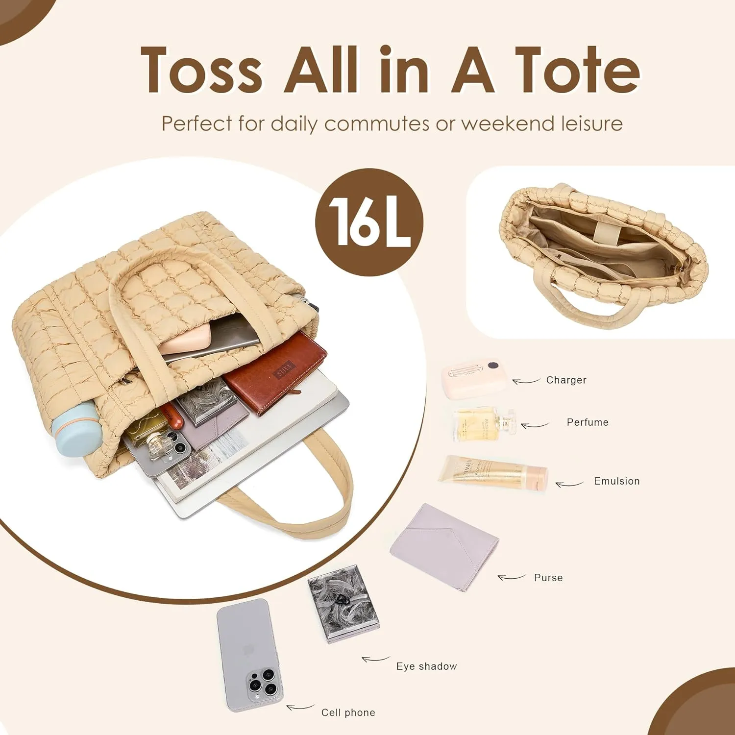 CORALDAISY Puffer Tote Bag for Women Lightweight Tote Bag with Zipper, Large Work Bag Quilted Travel Puffy Shoulder Handbag