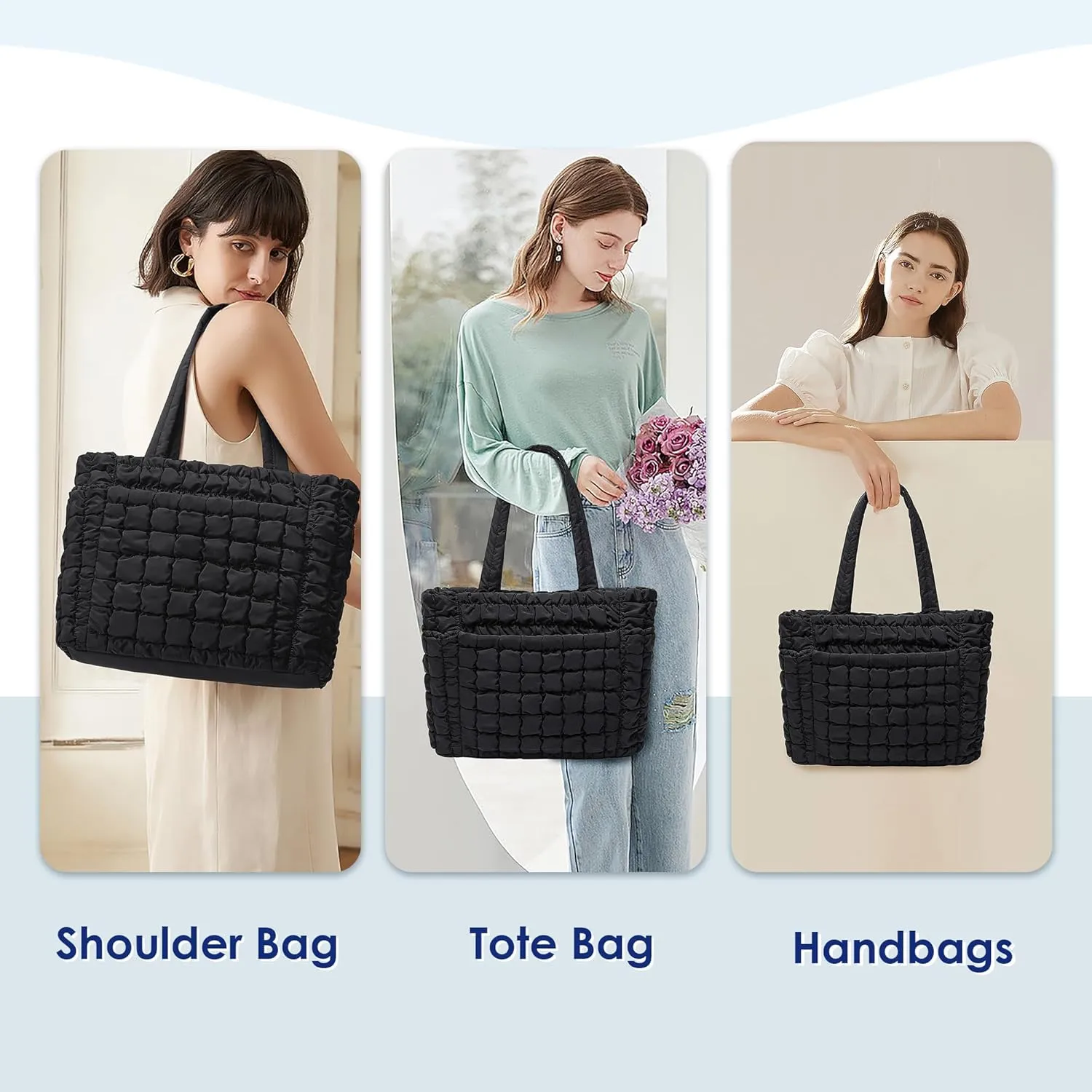 CORALDAISY Puffer Tote Bag for Women Lightweight Tote Bag with Zipper, Large Work Bag Quilted Travel Puffy Shoulder Handbag