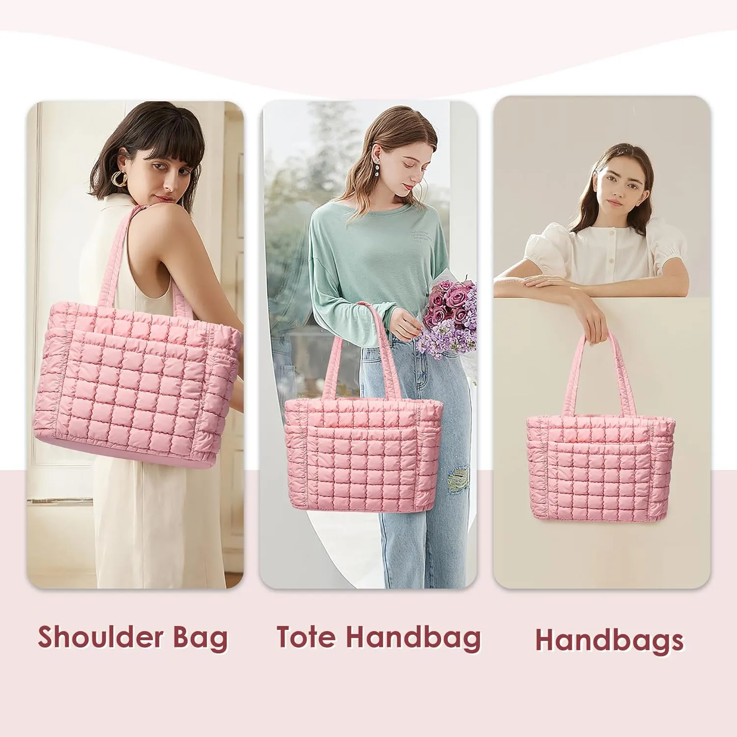 CORALDAISY Puffer Tote Bag for Women Lightweight Tote Bag with Zipper, Large Work Bag Quilted Travel Puffy Shoulder Handbag