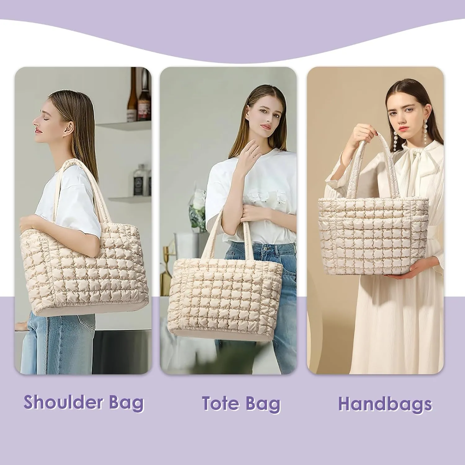 CORALDAISY Puffer Tote Bag for Women Lightweight Tote Bag with Zipper, Large Work Bag Quilted Travel Puffy Shoulder Handbag