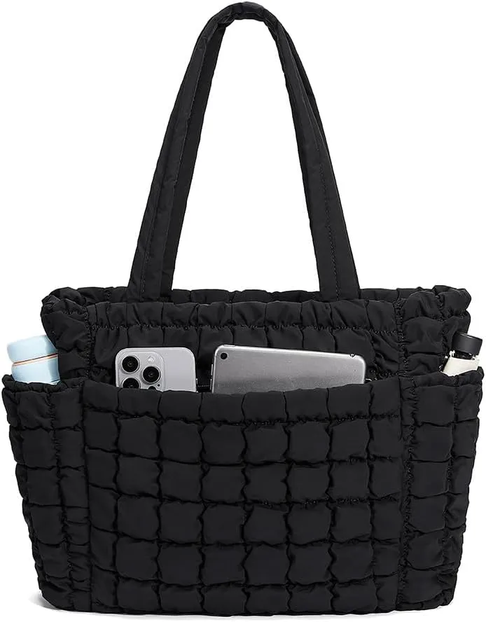 CORALDAISY Puffer Tote Bag for Women Lightweight Tote Bag with Zipper, Large Work Bag Quilted Travel Puffy Shoulder Handbag