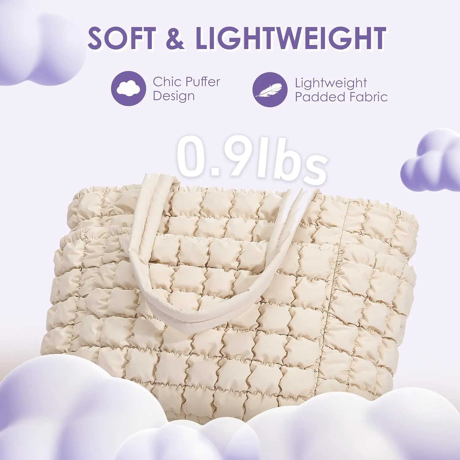 CORALDAISY Puffer Tote Bag for Women Lightweight Tote Bag with Zipper, Large Work Bag Quilted Travel Puffy Shoulder Handbag