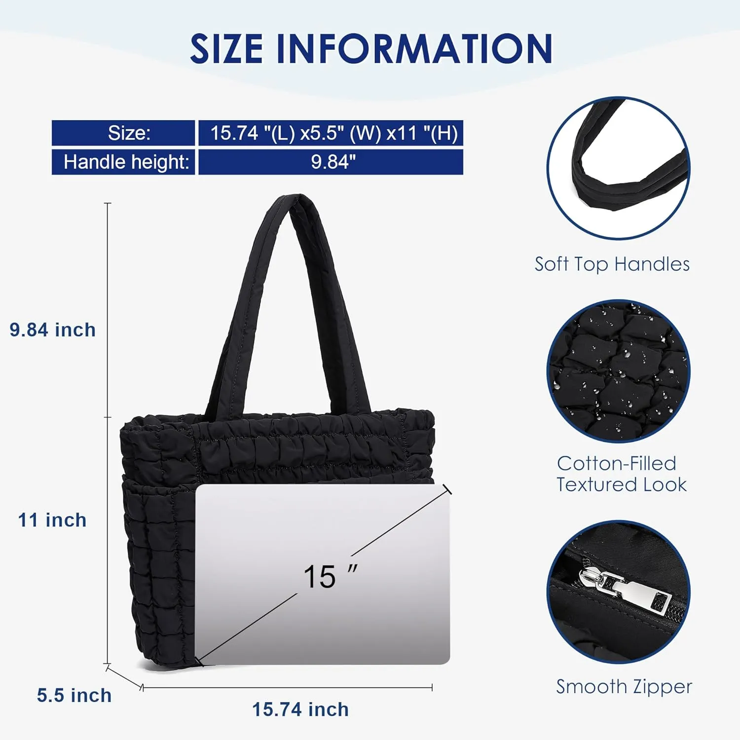 CORALDAISY Puffer Tote Bag for Women Lightweight Tote Bag with Zipper, Large Work Bag Quilted Travel Puffy Shoulder Handbag