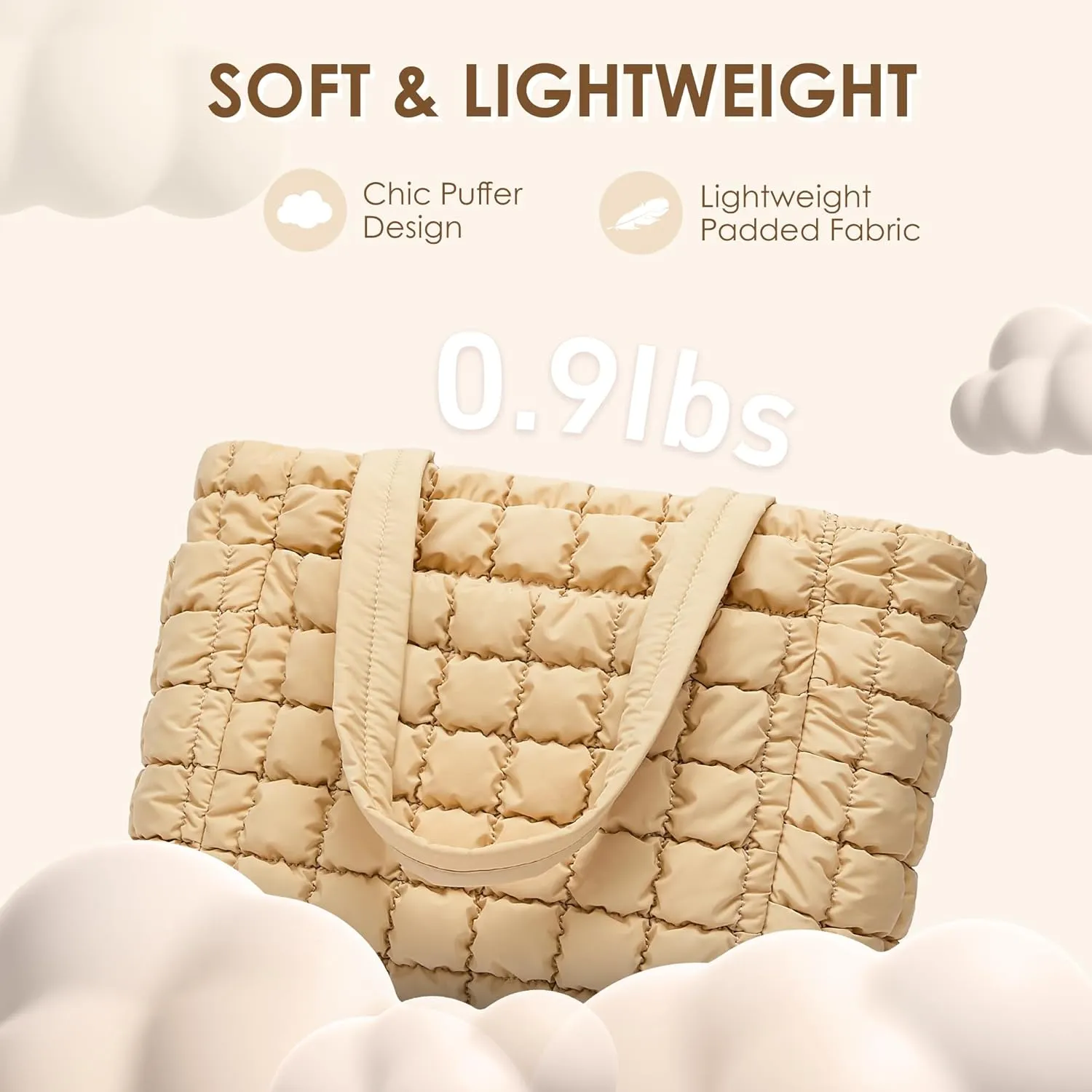 CORALDAISY Puffer Tote Bag for Women Lightweight Tote Bag with Zipper, Large Work Bag Quilted Travel Puffy Shoulder Handbag