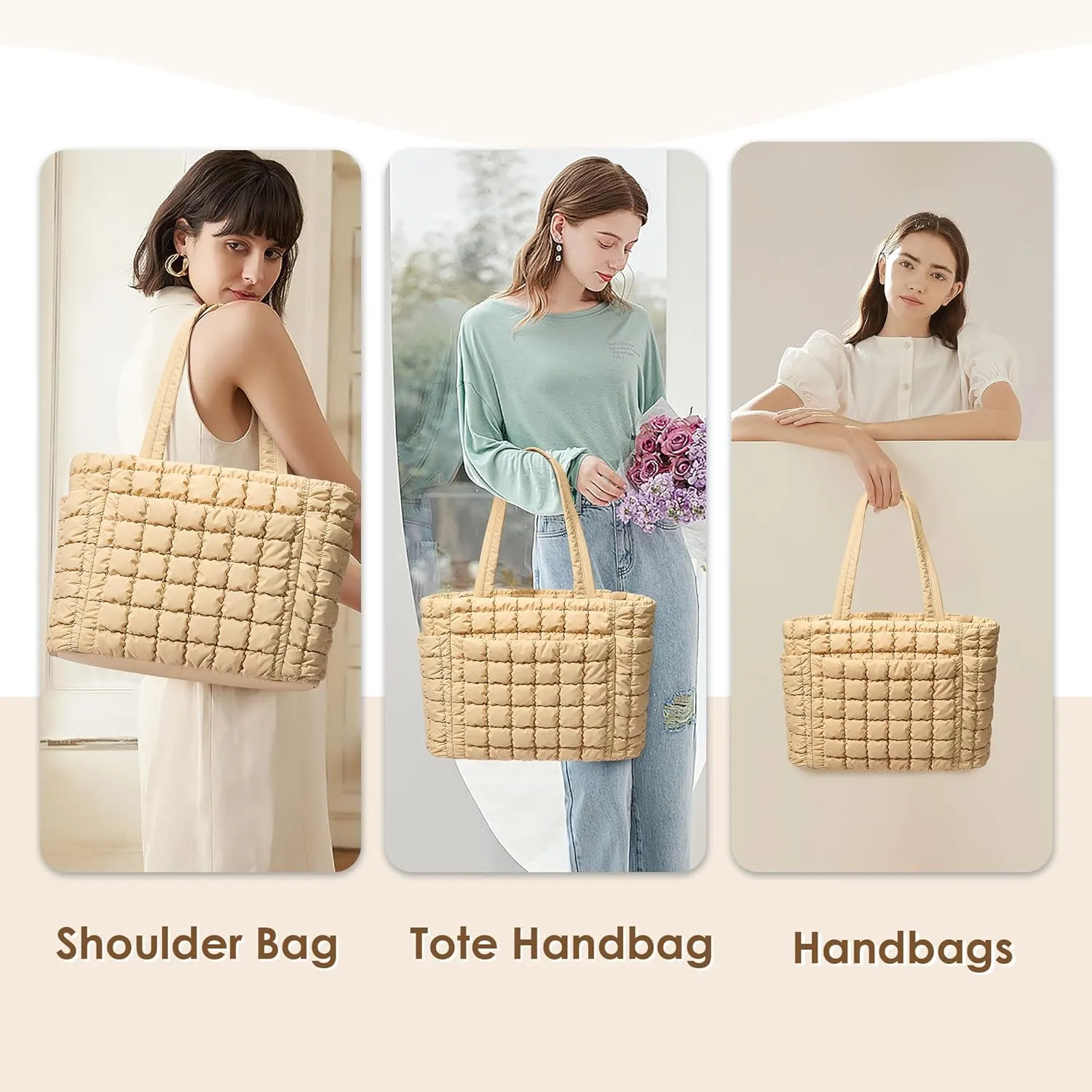 CORALDAISY Puffer Tote Bag for Women Lightweight Tote Bag with Zipper, Large Work Bag Quilted Travel Puffy Shoulder Handbag