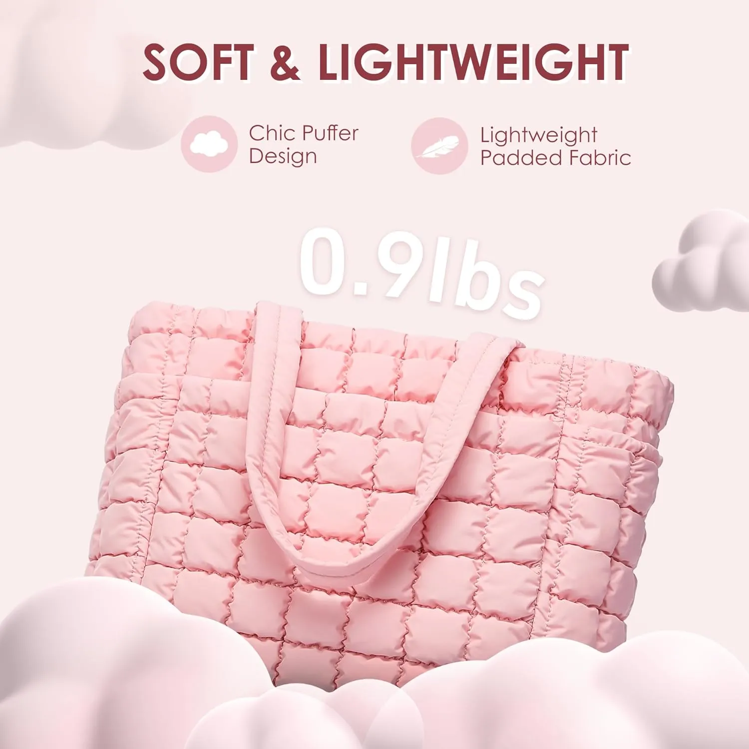 CORALDAISY Puffer Tote Bag for Women Lightweight Tote Bag with Zipper, Large Work Bag Quilted Travel Puffy Shoulder Handbag