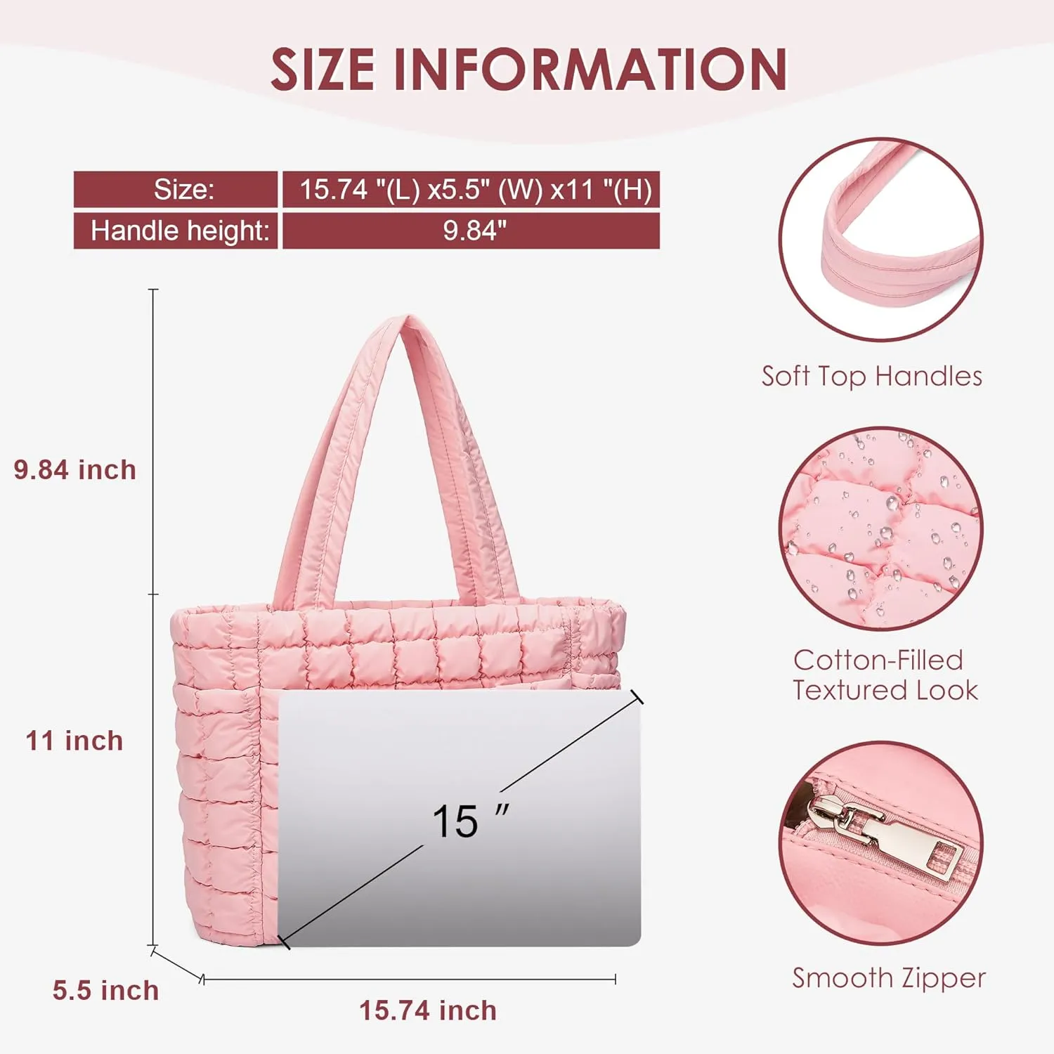 CORALDAISY Puffer Tote Bag for Women Lightweight Tote Bag with Zipper, Large Work Bag Quilted Travel Puffy Shoulder Handbag