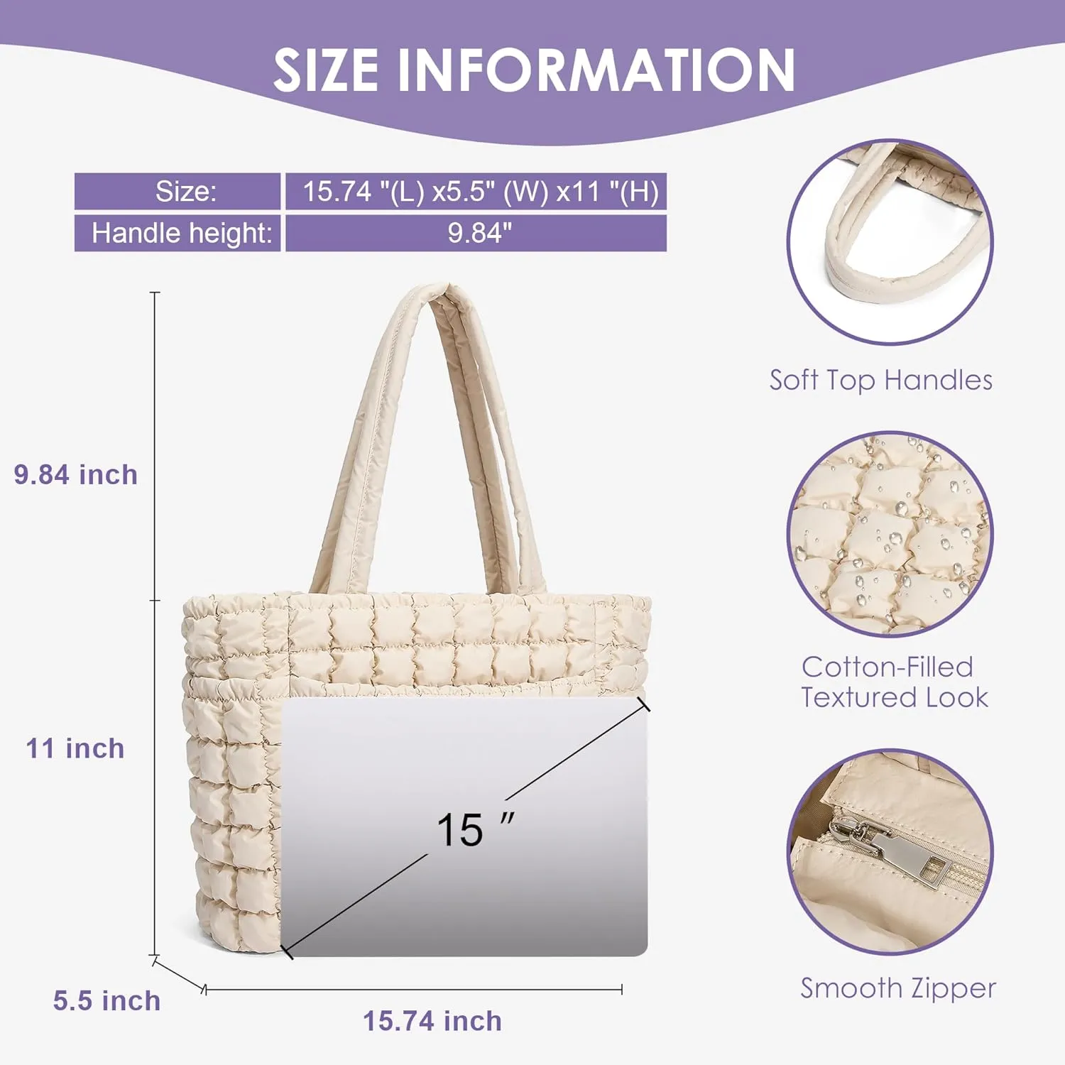 CORALDAISY Puffer Tote Bag for Women Lightweight Tote Bag with Zipper, Large Work Bag Quilted Travel Puffy Shoulder Handbag