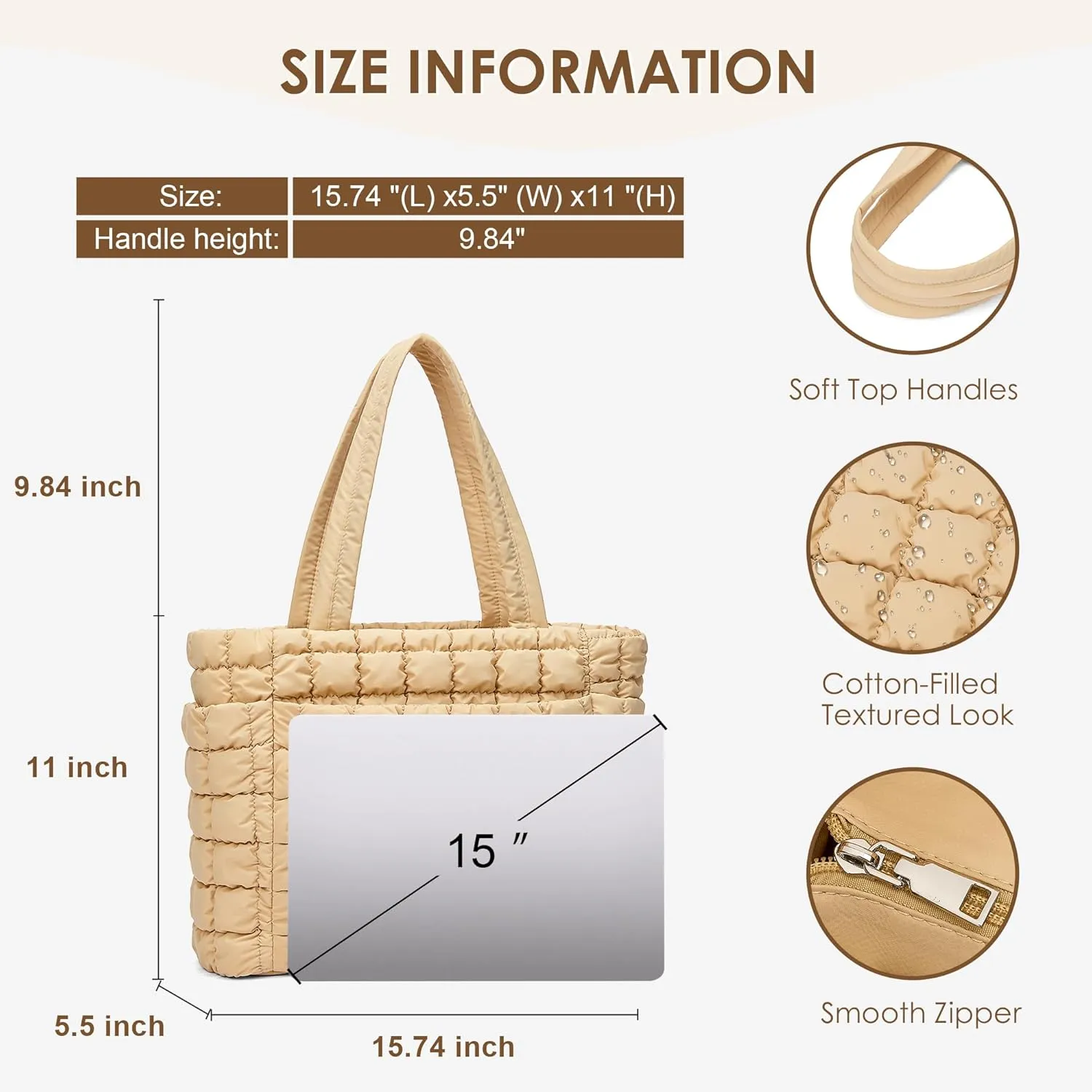 CORALDAISY Puffer Tote Bag for Women Lightweight Tote Bag with Zipper, Large Work Bag Quilted Travel Puffy Shoulder Handbag
