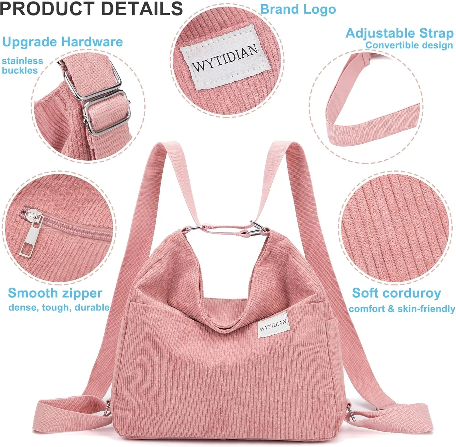 Corduroy Tote Backpack Crossbody Bag for Women, Convertible Shoulder Bags Designer Handbag for College, Work