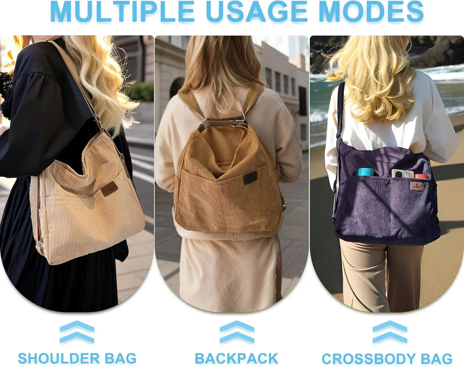Corduroy Tote Backpack Crossbody Bag for Women, Convertible Shoulder Bags Designer Handbag for College, Work