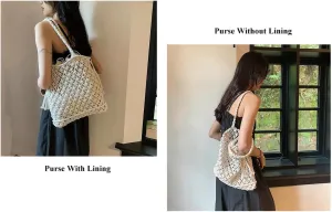 Cotton Handmade Shoulder Bag Tote Handbag Summer Beach Purse for Holiday Vacation Casual Hobo Beige(With Lining)