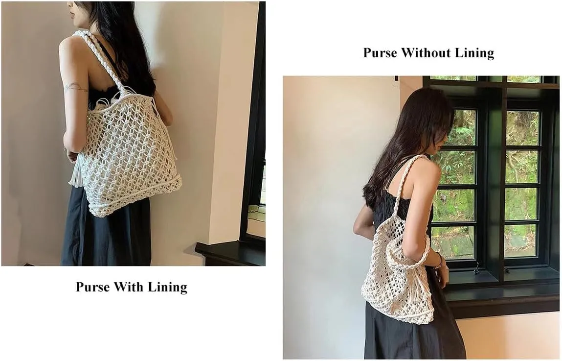 Cotton Handmade Shoulder Bag Tote Handbag Summer Beach Purse for Holiday Vacation Casual Hobo Beige(With Lining)