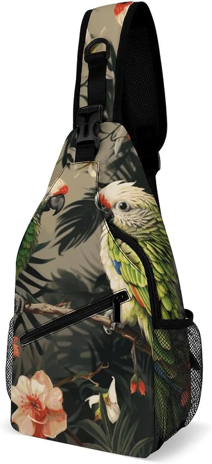 Couple Parrots Olive Crossbody Sling Bag for Women Men Sling Backpack Travel Chest Bag Pack Man Purse Shoulder Bags Daypack for Travel Hiking Cycling