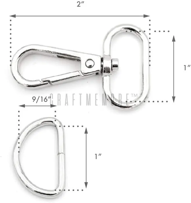 CRAFTMEMORE 10 Sets Silver Snap Hooks Lobster Clasp Swivel Push Gate Fashion Clips with D Rings Craft FSD1 (1 Inch)