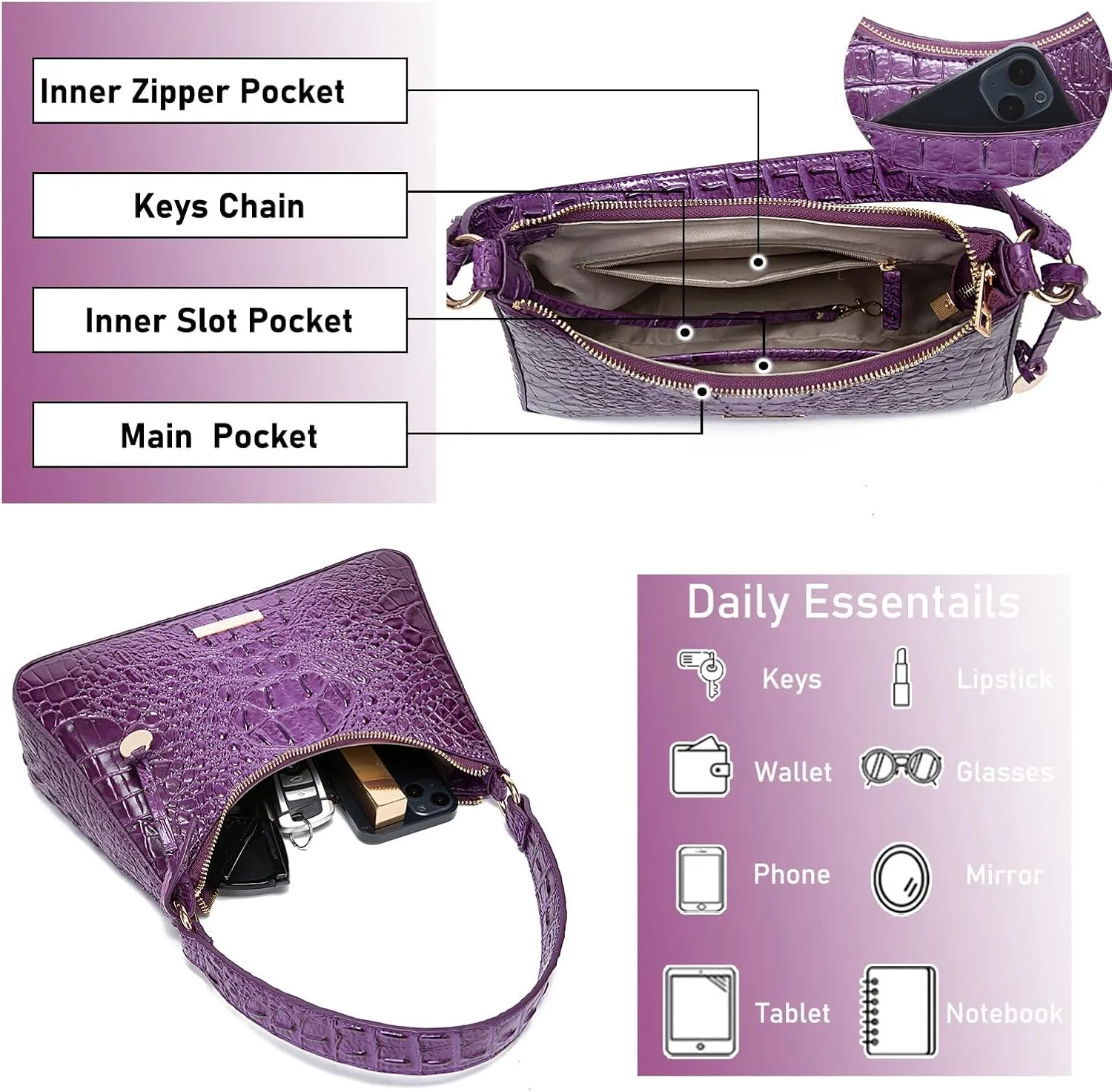 crocodile-embossed Hobo Purse for Women Large Shoulder Purses and Handbags Tote Bags