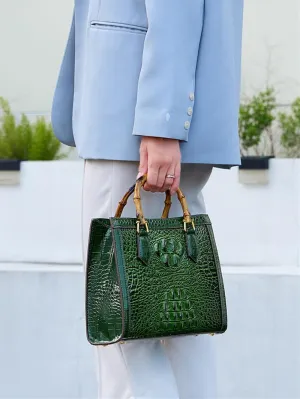 Crocodile Pattern Leather Women's Bag Bamboo Top-Handle Satchel Handbags Portable Tote Bag Shoulder Messenger Bags (Green)