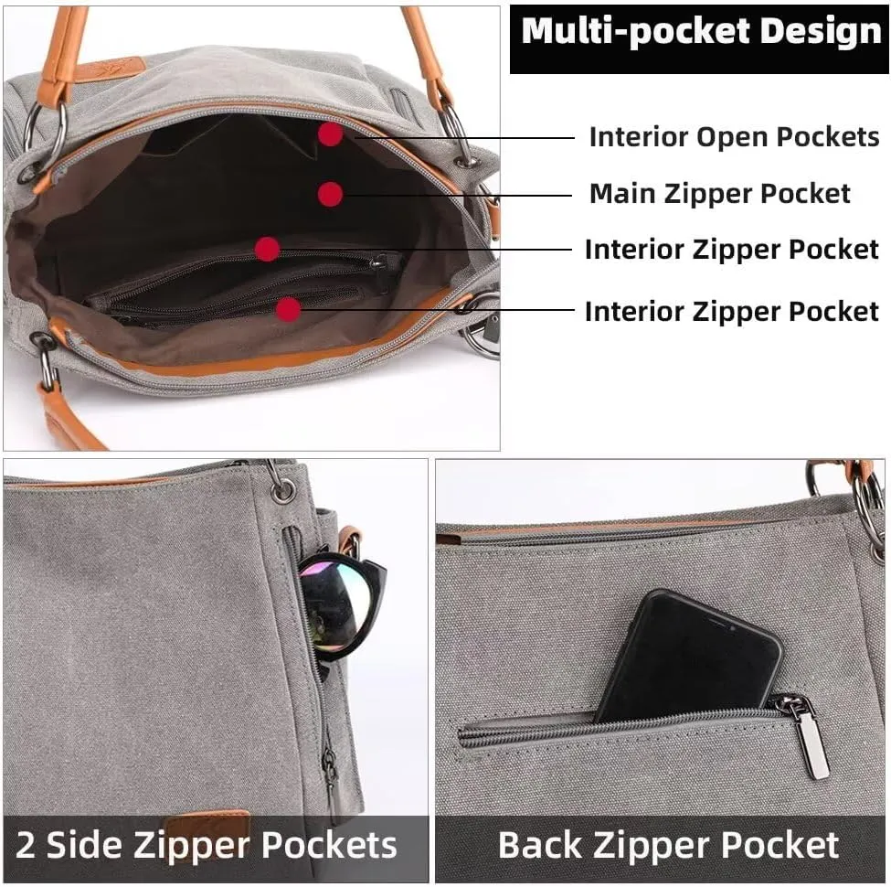 Crossbody Bag for Women Canvas Work Tote Purse Minimalist Multi-Pocket Shoulder Handbag Cloth Hobo Top Handle Satchel
