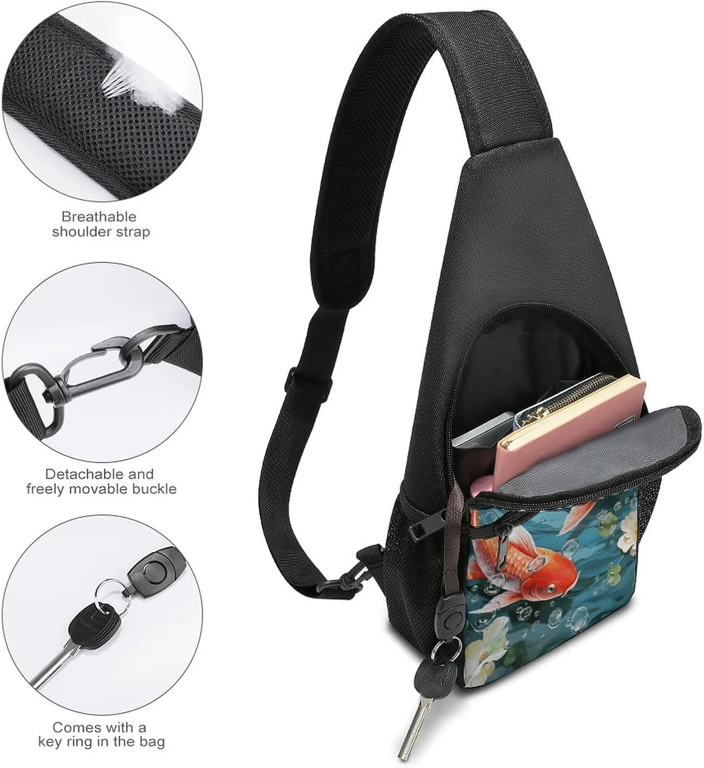 Crossbody Bag for Women Men Sling Bag Japanese Pretty Red Carp Fish Chest Bag Crossbody Adjustable Shoulder Bag