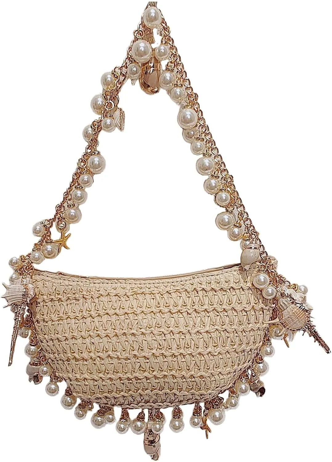 Crossbody Bags for Women Beach Straw Purse Lightweight Fashion Pearl Shoulder Bag Retro Straw Summer Basket Purse