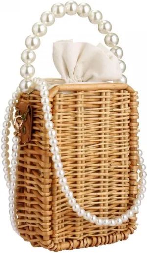 Crossbody Bags for Women Beach Straw Purse Lightweight Fashion Pearl Shoulder Bag Retro Straw Summer Basket Purse