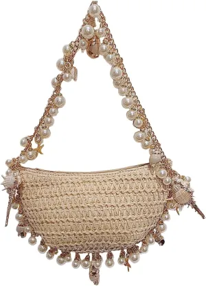 Crossbody Bags for Women Beach Straw Purse Lightweight Fashion Pearl Shoulder Bag Retro Straw Summer Basket Purse