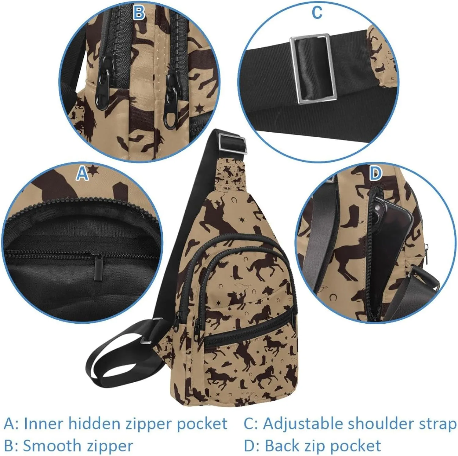 Crossbody Bags for Women Men cowboys and horse Sling Bag Bakpack Casual Chest Bag with Convertible Shoulder Strap